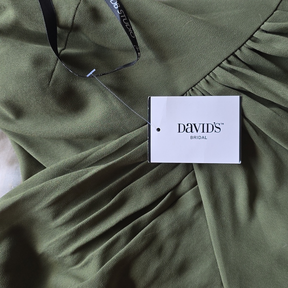 David's Bridal Chiffon Cowl Back V-neck Sheath Dress Martini Olive Color - Picture 11 of 14